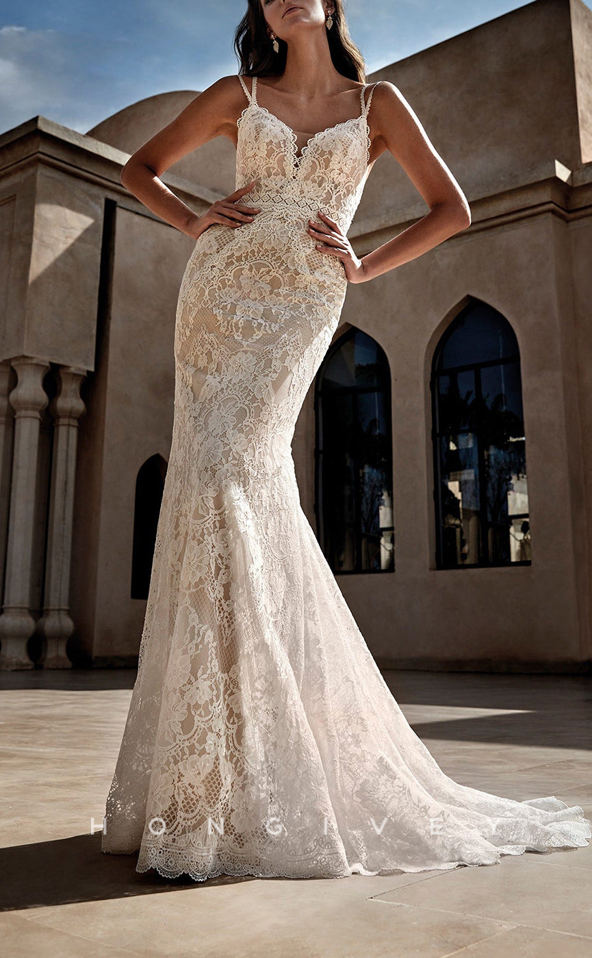 H1455 - Sexy Trumpet Lace V-Neck Spaghetti Straps Empire Appliques With Train Wedding Dress