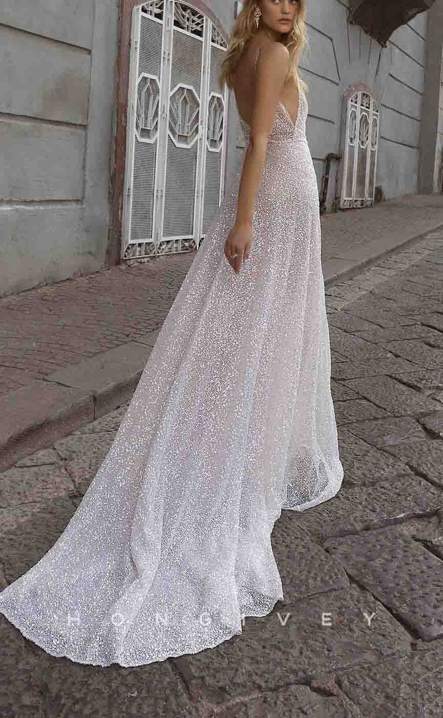 H1456 - Sexy Glitter A-Line V-Neck Spaghetti Straps Sequined Empire Ruched With Train Wedding Dress