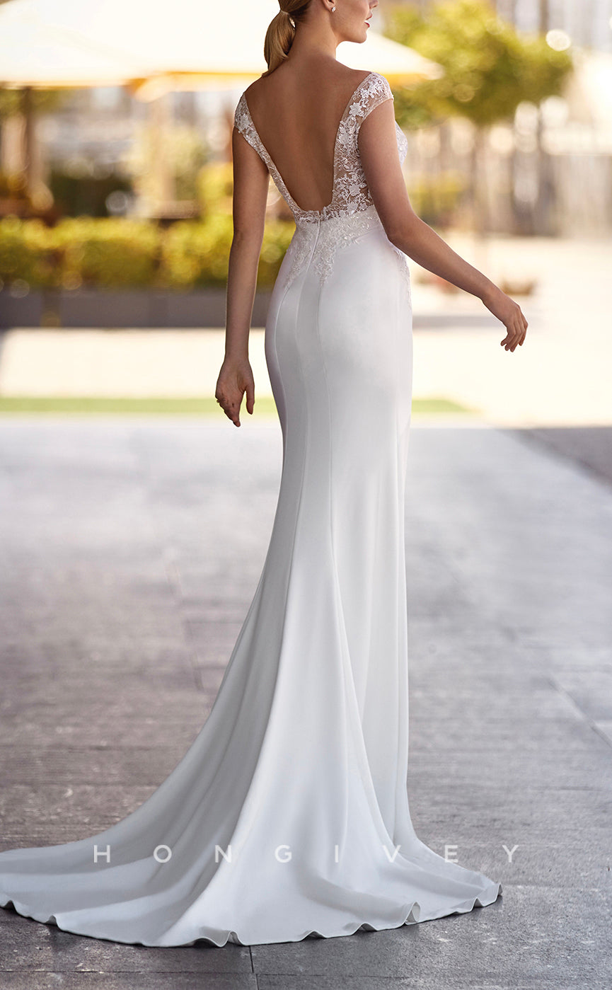 H1460 - Sexy Satin Trumpet V-Neck Cap Sleeve Empire Appliques With Train Beach Wedding Dress