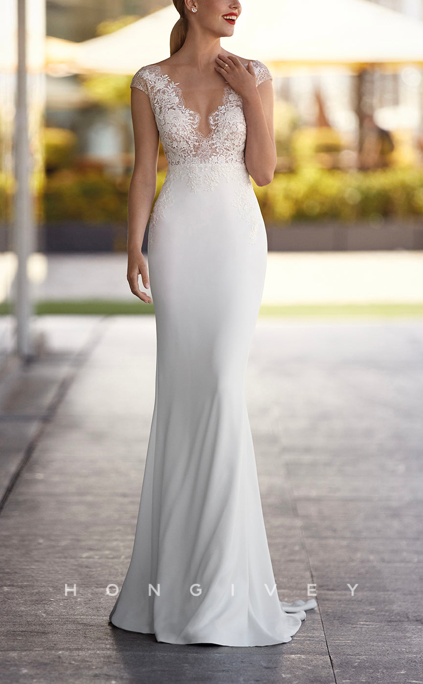 H1460 - Sexy Satin Trumpet V-Neck Cap Sleeve Empire Appliques With Train Beach Wedding Dress