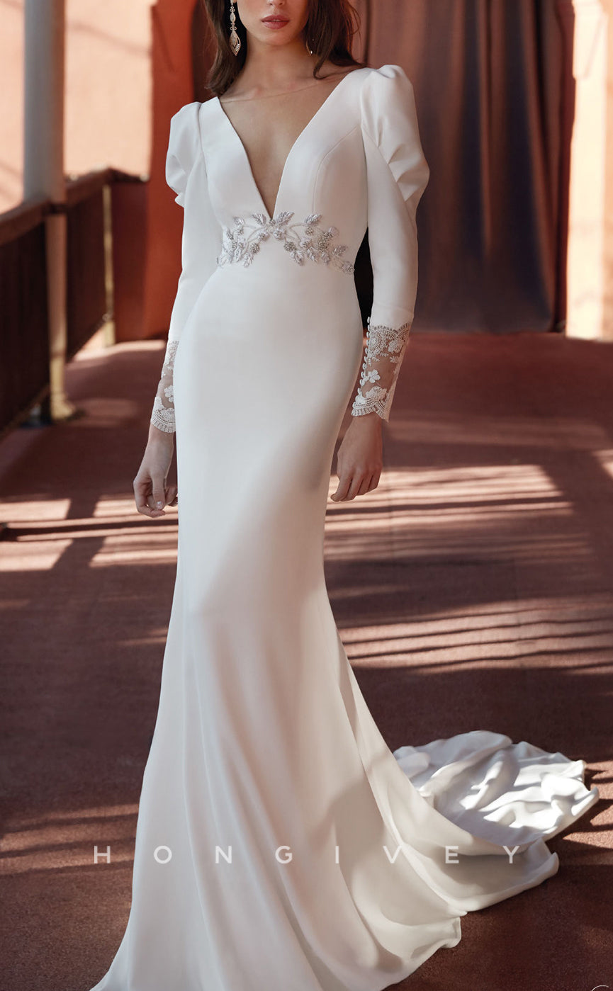 H1463 - Sexy Satin Trumpet Scoop Empire Long Sleeve Appliques With Train Boho Wedding Dress