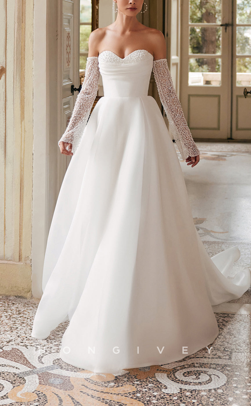 H1469 - Sexy Tulle A-Line Sweetheart Empire Long Sleeves Beaded Ruched With Train  Wedding Dress