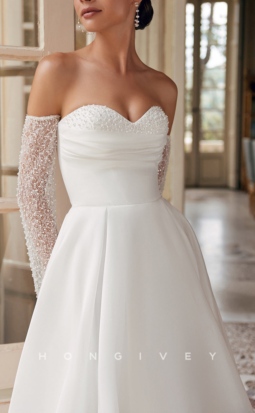 H1469 - Sexy Tulle A-Line Sweetheart Empire Long Sleeves Beaded Ruched With Train  Wedding Dress