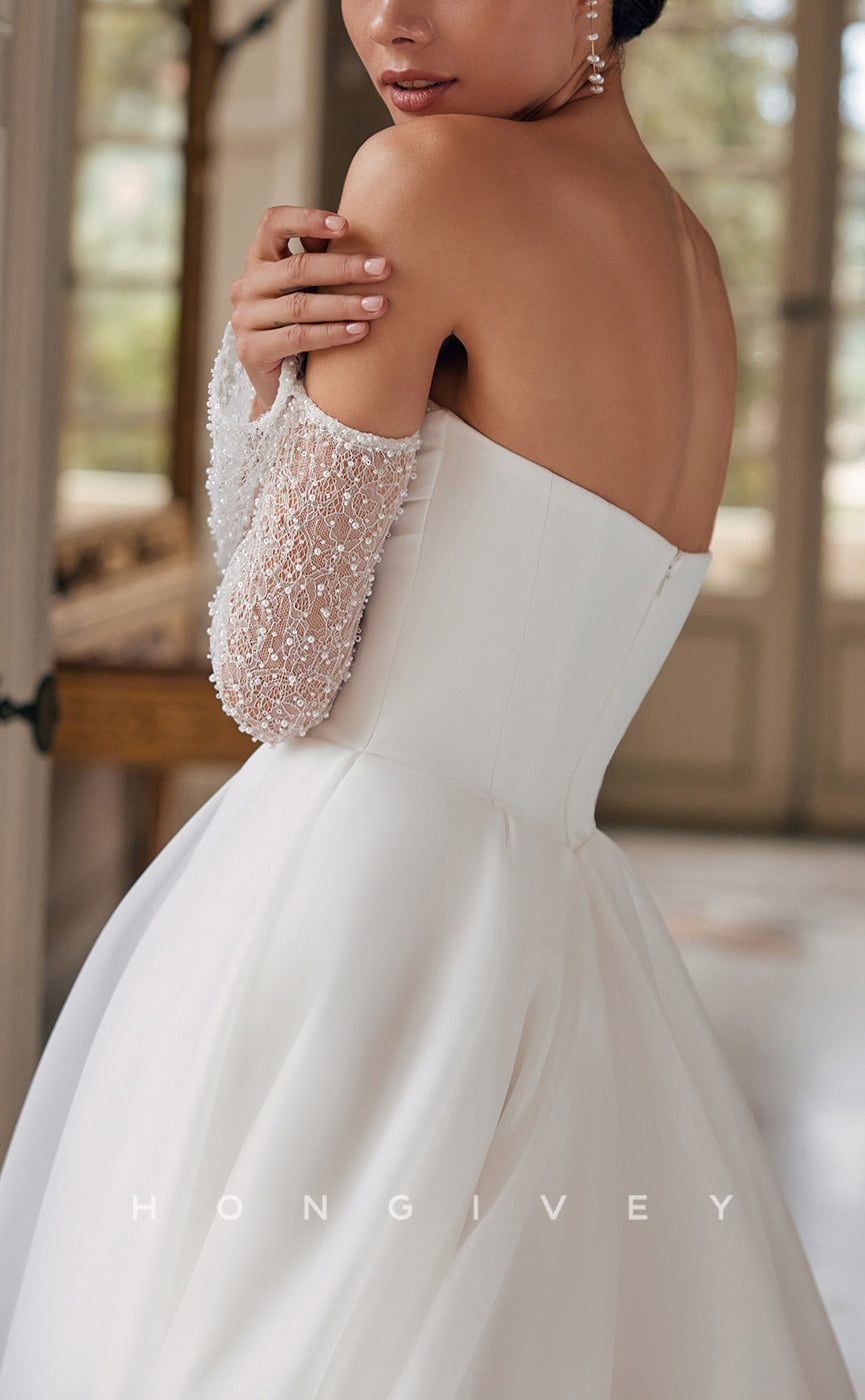 H1469 - Sexy Tulle A-Line Sweetheart Empire Long Sleeves Beaded Ruched With Train  Wedding Dress