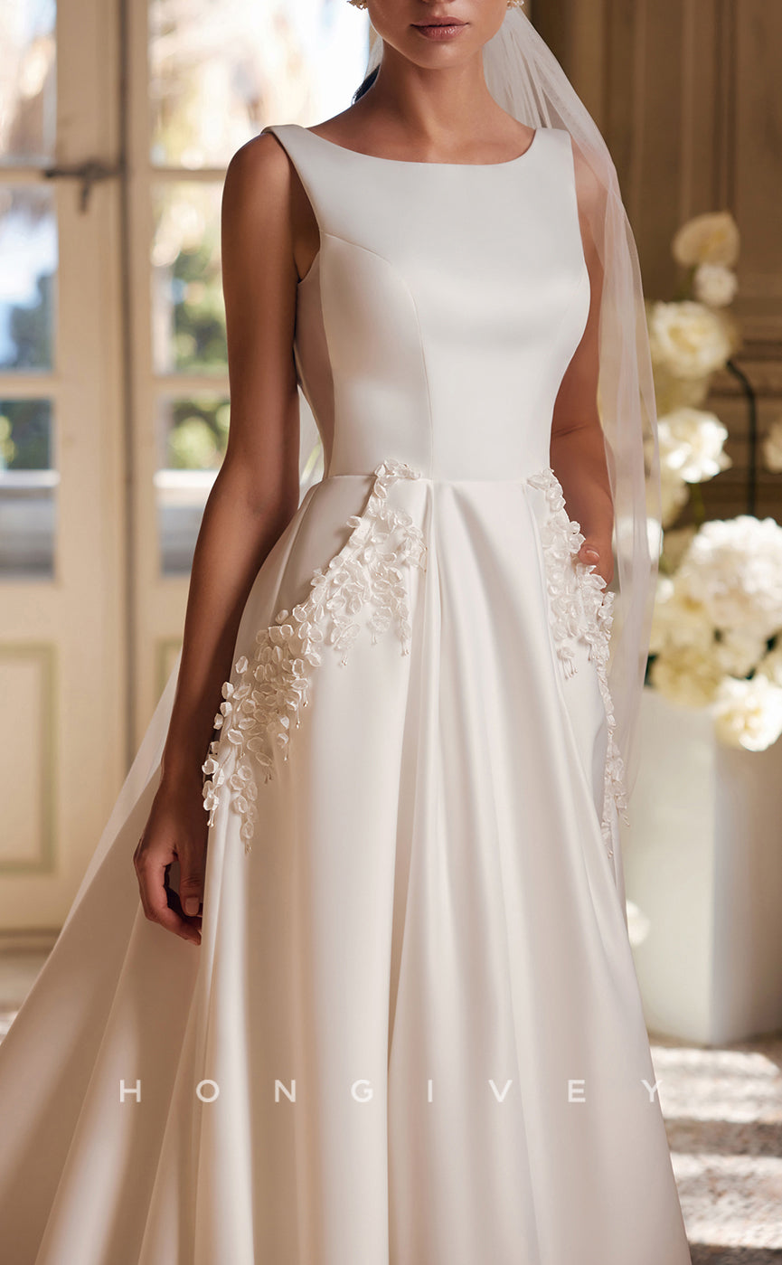 H1475 - Sexy Satin A-Line Scoop Empire Sleeveless  Appliques With Pockets Train Wedding Dress