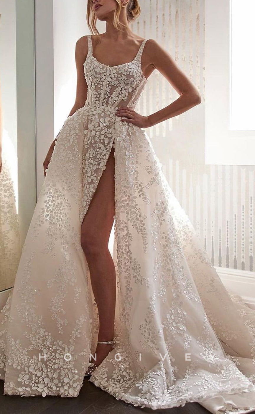 H1479 - Sexy Satin A-Line Bateau Straps Illusion Empire Floral Appliques With Side Slit Train Wedding Dress