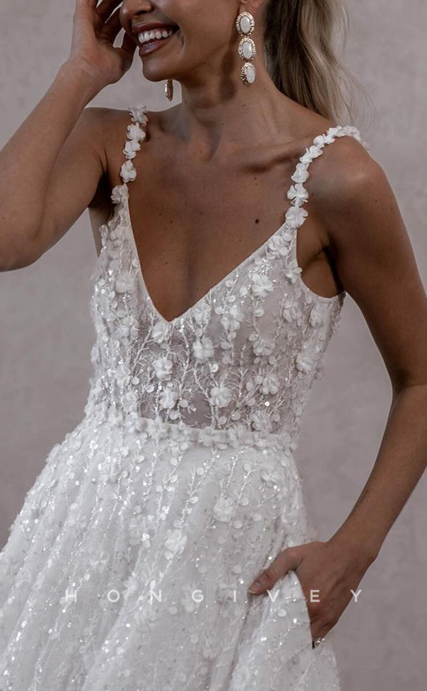 H1480 - Sexy Tulle A-Line V-Neck Spaghetti Straps Empire Floral Appliques Sequined With Train Wedding Dress