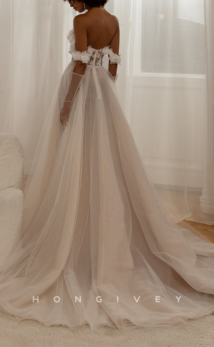 H1481 - Sexy Tulle A-Line Off-Shoulder Illusion Empire Floral Embossed Beaded With Train Wedding Dress