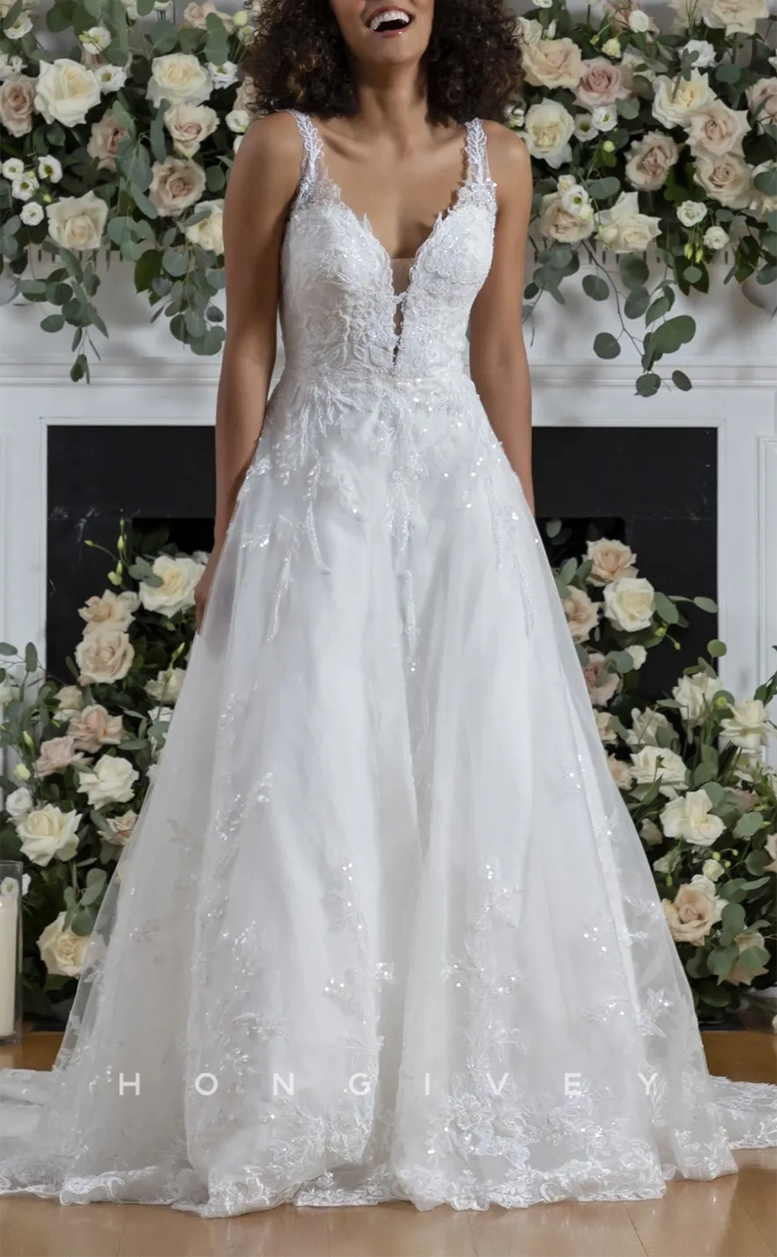 H1485 - Sexy Tulle A-Line Straps Empire Floral Appliques Sequined With Train Wedding Dress