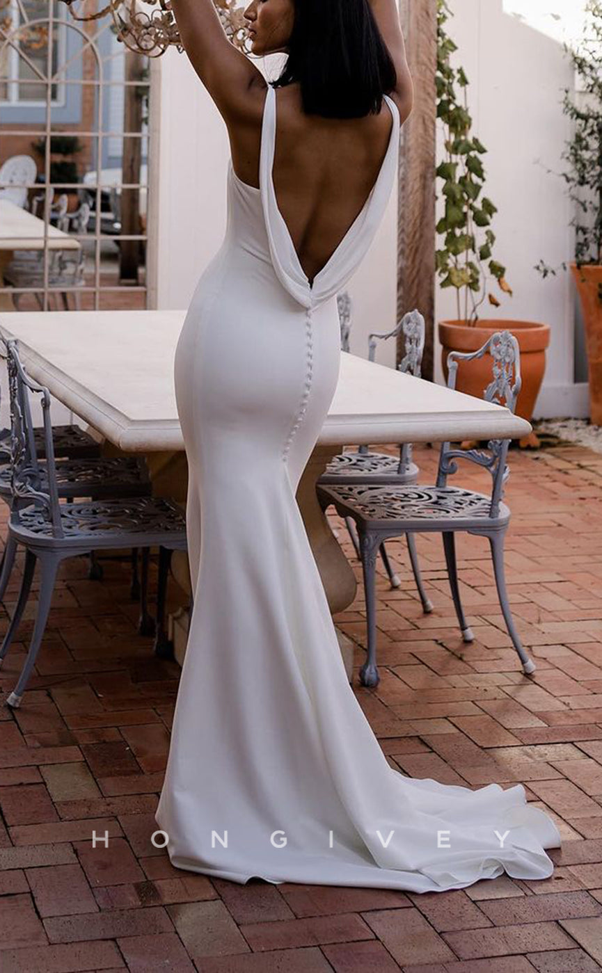 H1491 - Sexy Satin Trumpet V-neck Straps Empire Open Back With Train Beach Wedding Dress