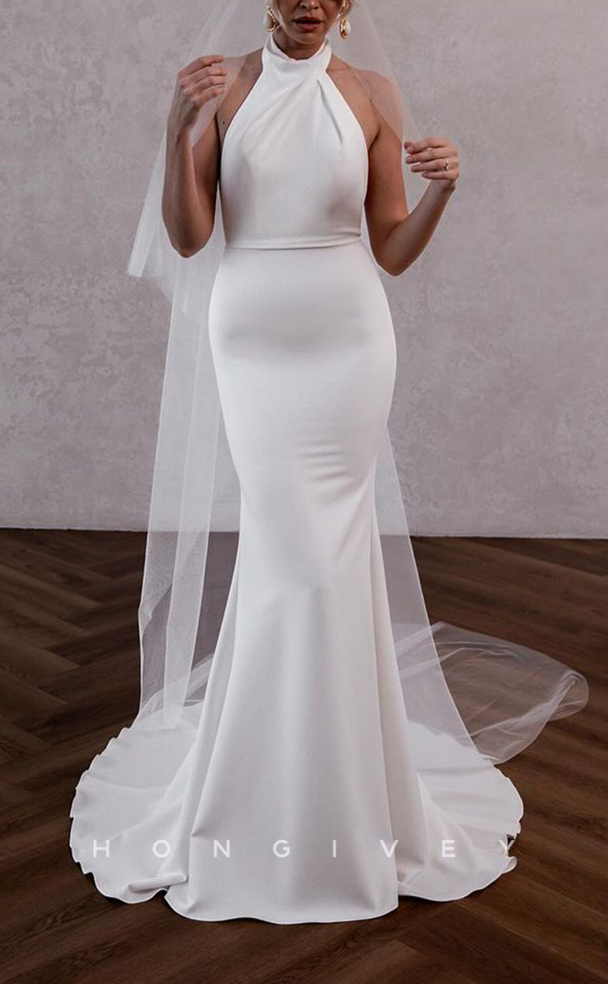 H1495 - Sexy Satin Trumpet Halter Sleeveless Open Back Empire With Train Beach Wedding Dress