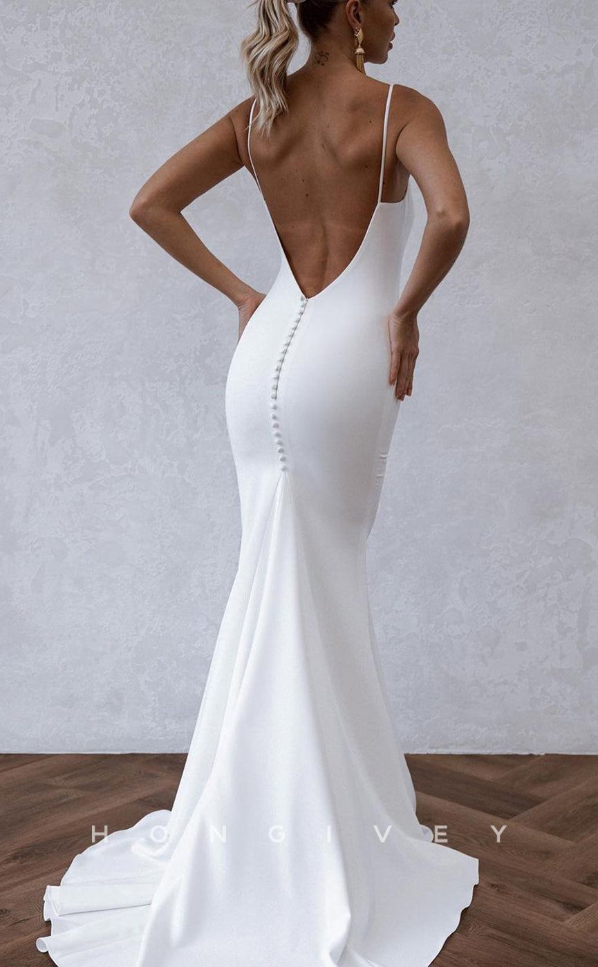 H1496 - Sexy Satin Trumpet Bateau Spaghetti Straps Empire Open Back With Train Beach Wedding Dress