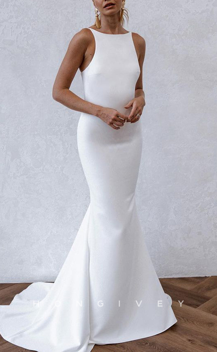 H1496 - Sexy Satin Trumpet Bateau Spaghetti Straps Empire Open Back With Train Beach Wedding Dress