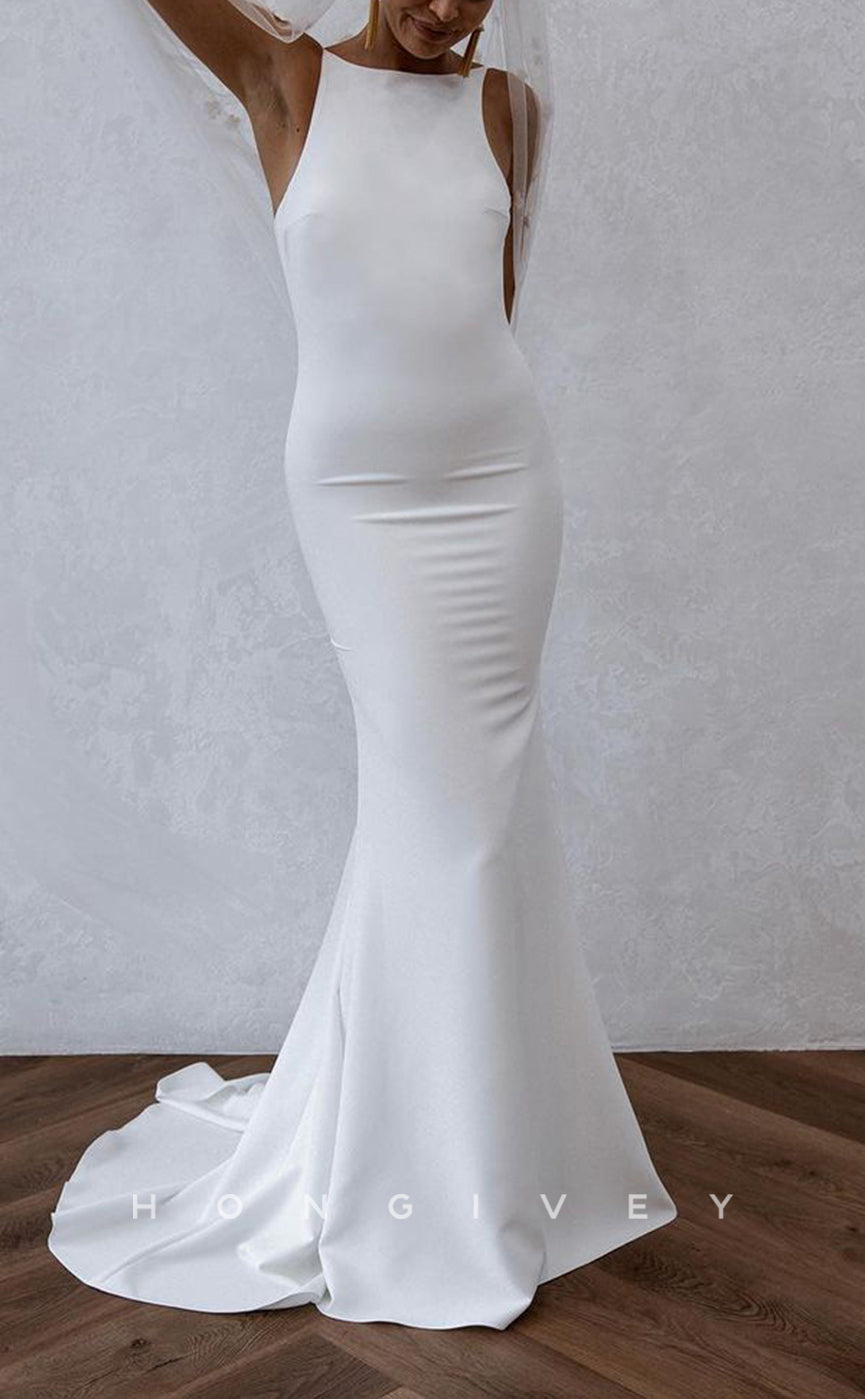 H1496 - Sexy Satin Trumpet Bateau Spaghetti Straps Empire Open Back With Train Beach Wedding Dress