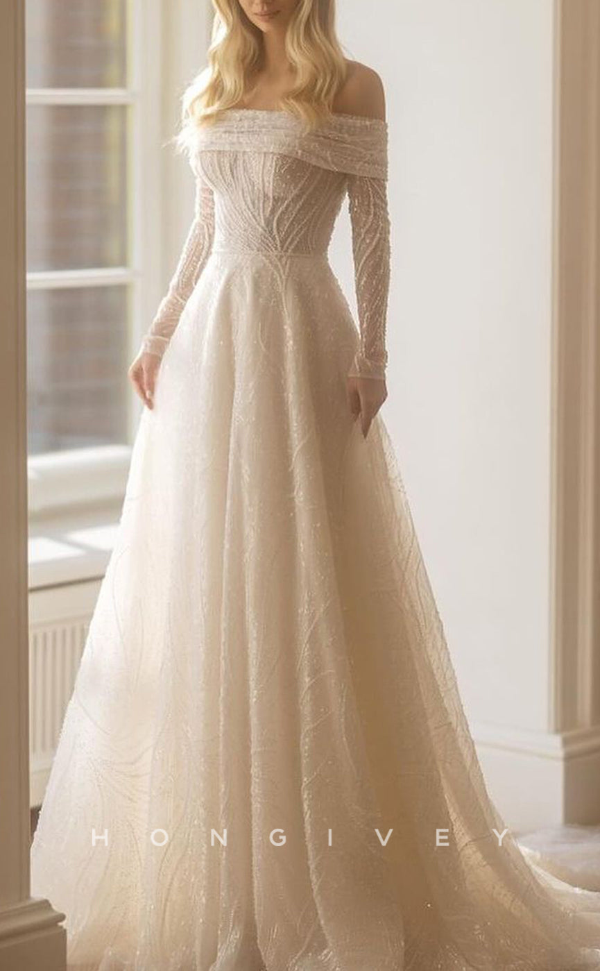 H1503 -  Chic Tulle A-Line Off-Shoulder Long Sleeve Empire Beaded Appliques With Train Wedding Dress