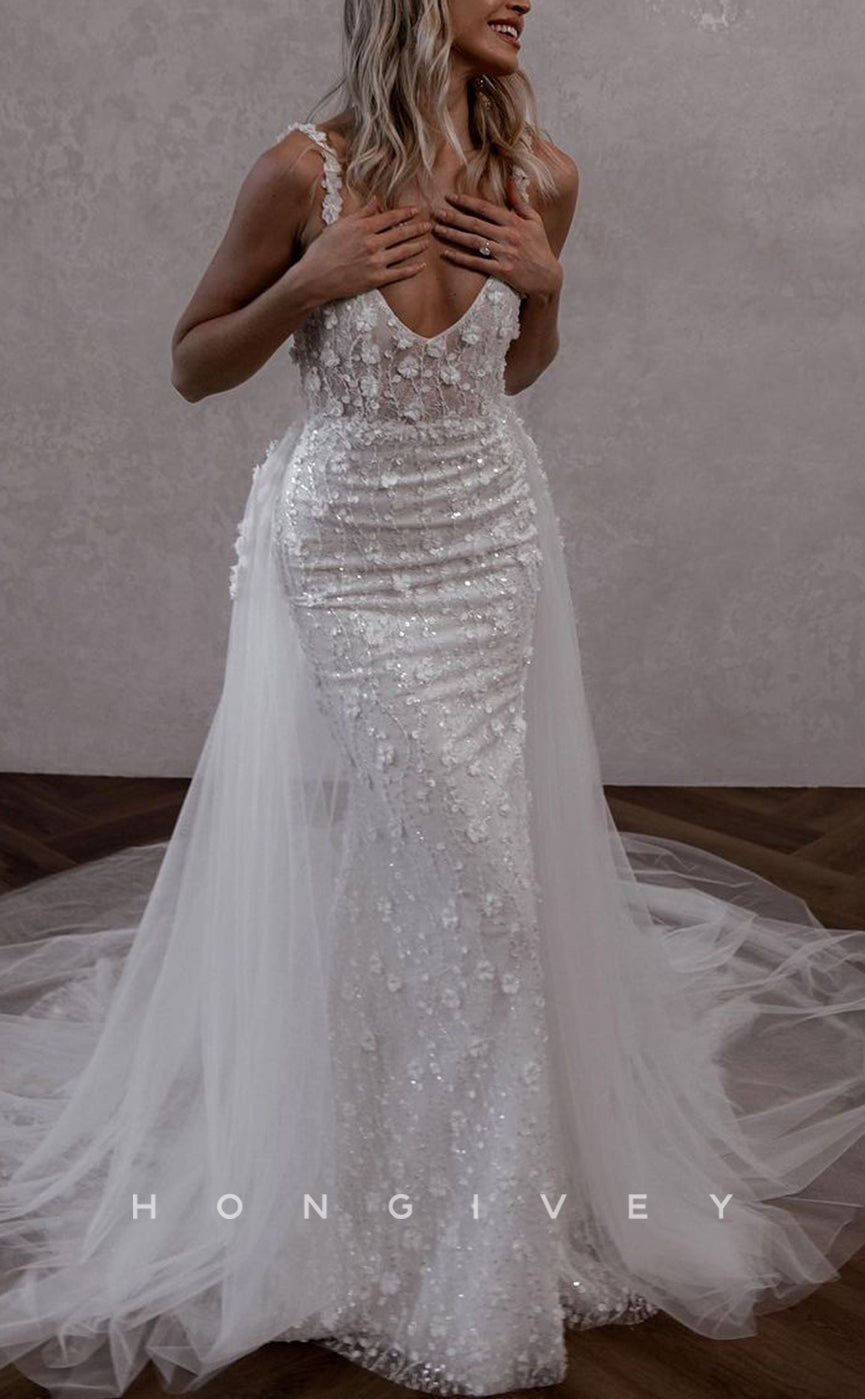 H1504 - Sexy Fitted V-Neck Beaded Sequined Appliques With Tulle Train Wedding Dress