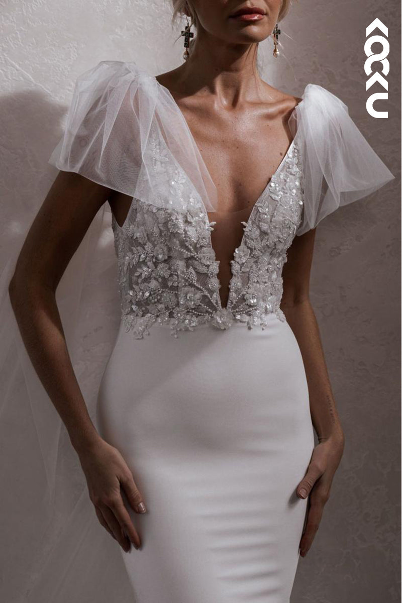 K1899 - Elegant & Luxurious Deep V-Neck Sleeveless Sheath Wedding Dress With Applique