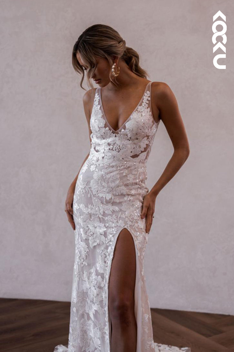 K1901 - Couture & Ornate V-Neck Straps Side Slit Mermaid Wedding Dress With Applique