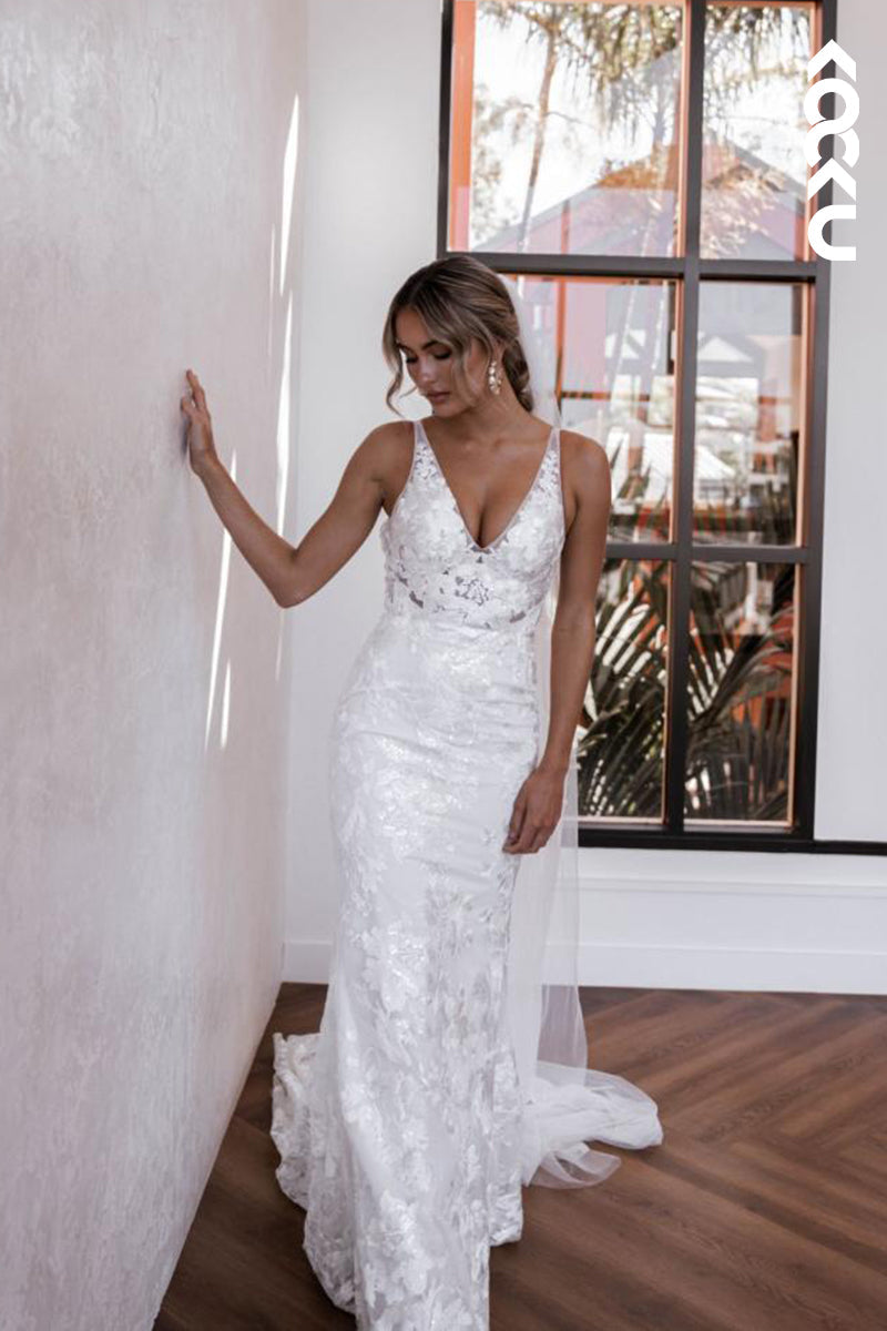 K1901 - Couture & Ornate V-Neck Straps Side Slit Mermaid Wedding Dress With Applique