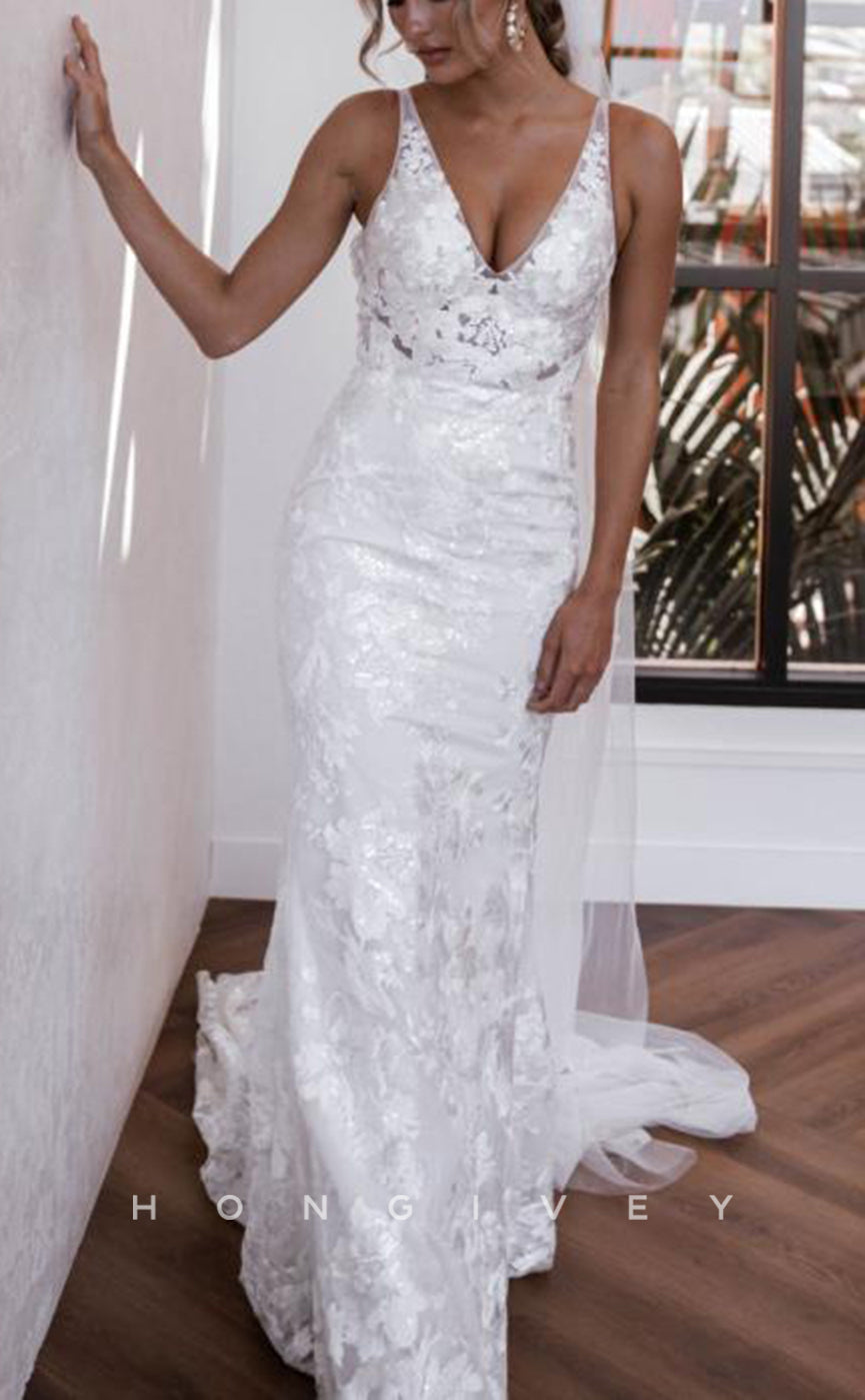 H1508 - Sexy Lace Fitted Glitter V-Neck Spaghetti Straps Empire Appliques With Train Wedding Dress