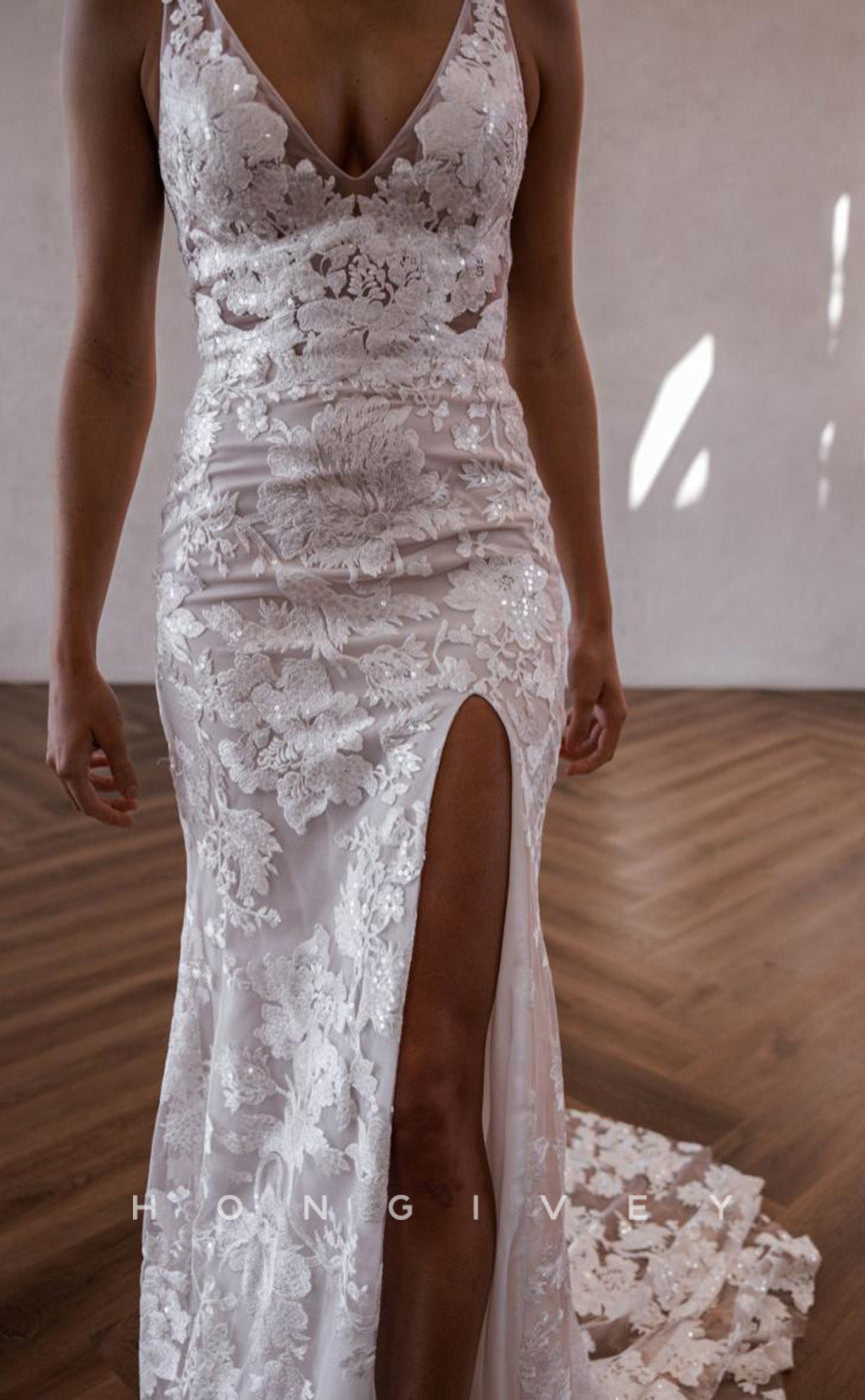 H1508 - Sexy Lace Fitted Glitter V-Neck Spaghetti Straps Empire Appliques With Train Wedding Dress