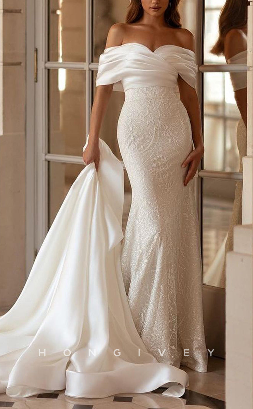 H1509 - Sexy Satin Off-Shoulder Empire Ruched Appliques With Detachable Overskirt Train Wedding Dress