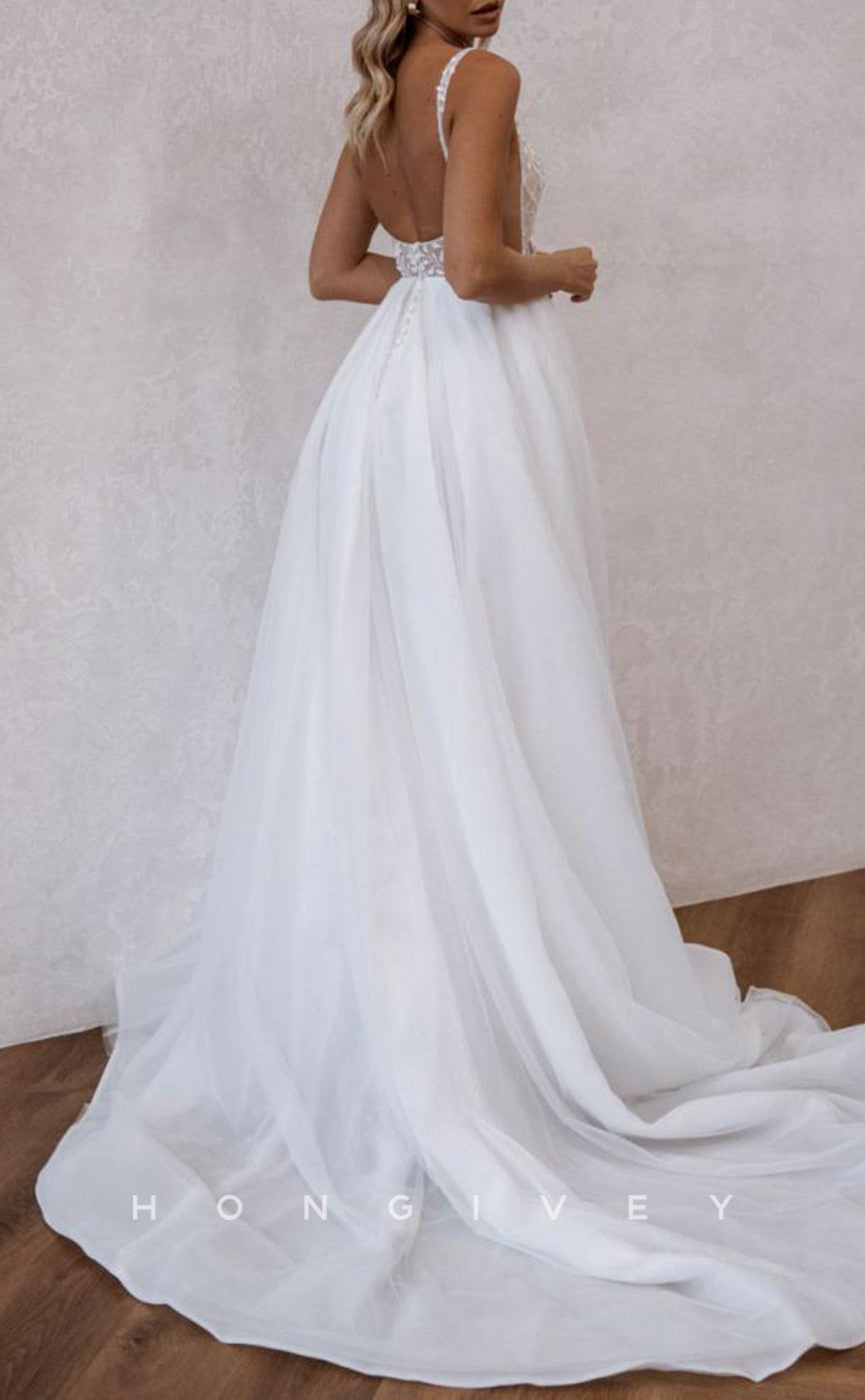 H1512 - Sexy Tulle A-Line Bateau Straps Illusion Empire Appliques With Side Slit Train Wedding Dress