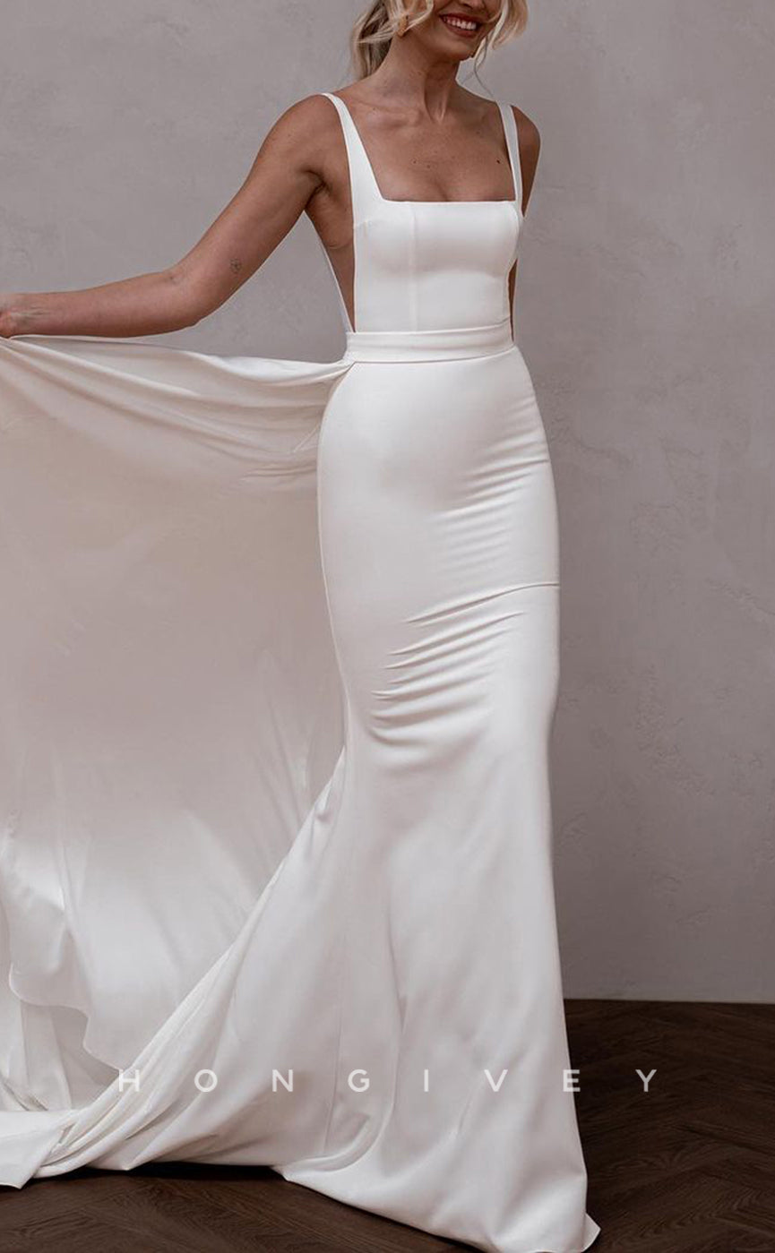 H1515 - Sexy Satin Trumpet Square Sleeveless  Empire With Train Beach Wedding Dress