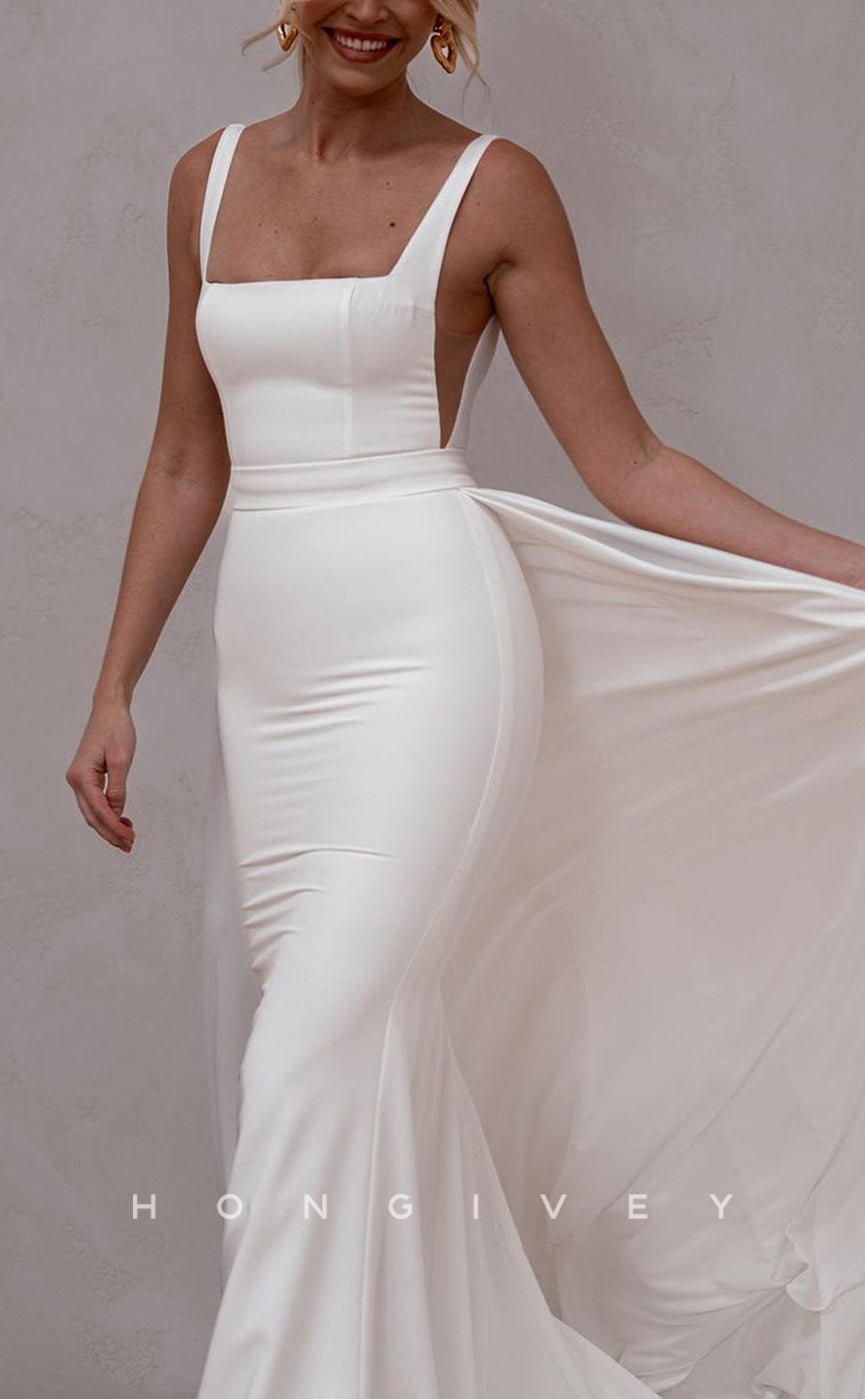 H1515 - Sexy Satin Trumpet Square Sleeveless  Empire With Train Beach Wedding Dress