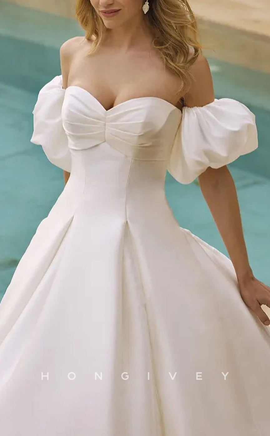 H1519 - Sexy Satin A-Line Sweetheart Strapless Empire Detachable Puff Sleeves With Train Wedding Dress