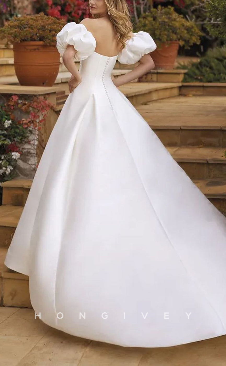 H1519 - Sexy Satin A-Line Sweetheart Strapless Empire Detachable Puff Sleeves With Train Wedding Dress