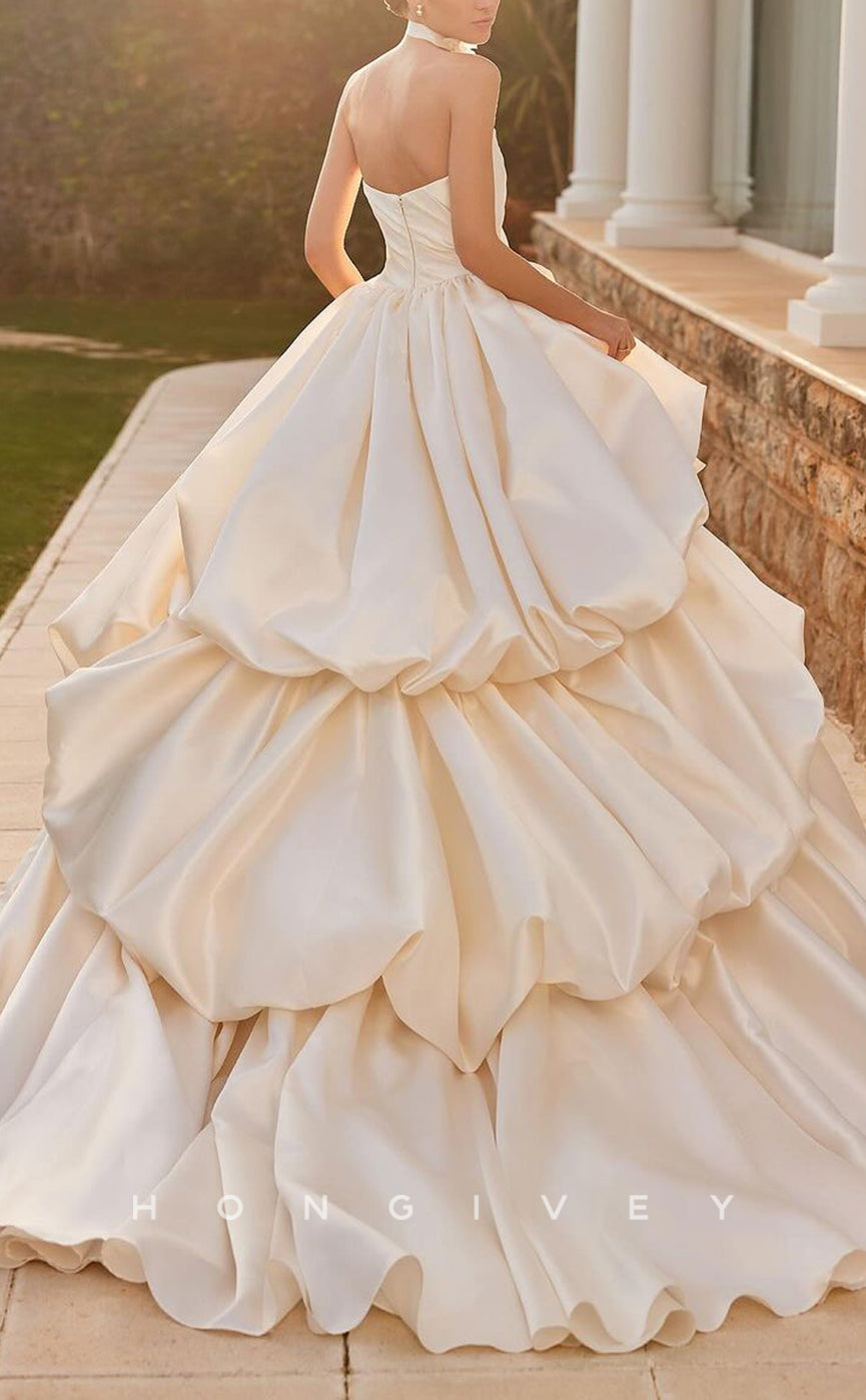 H1521 - Sexy Satin A-Line Square Strapless Empire Ruched Tiered Ball Gown Wedding Dress