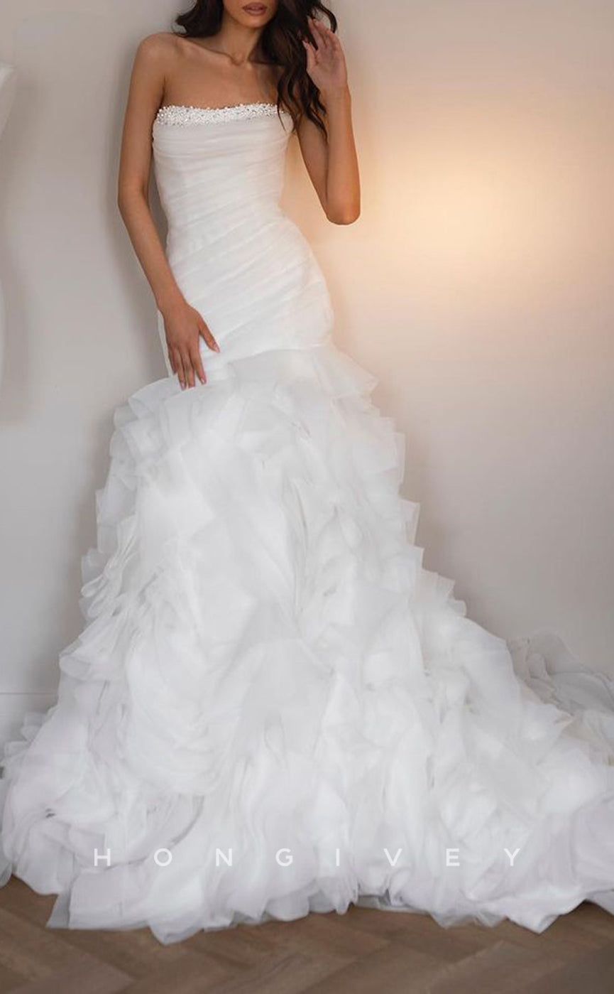 H1522 - Sexy Tulle A-Line Strapless Sleeveless Empire Beaded Ruched With Train Wedding Dress