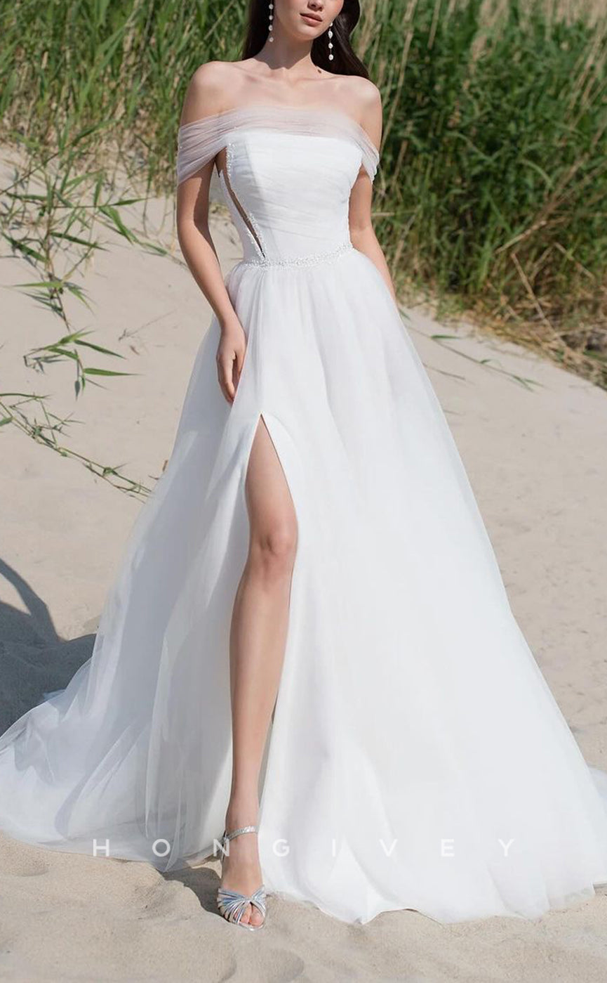 H1523 - Chic Tulle A-Line Off-Shoulder Empire Beaded Ruched With Side Slit Train Wedding Dress