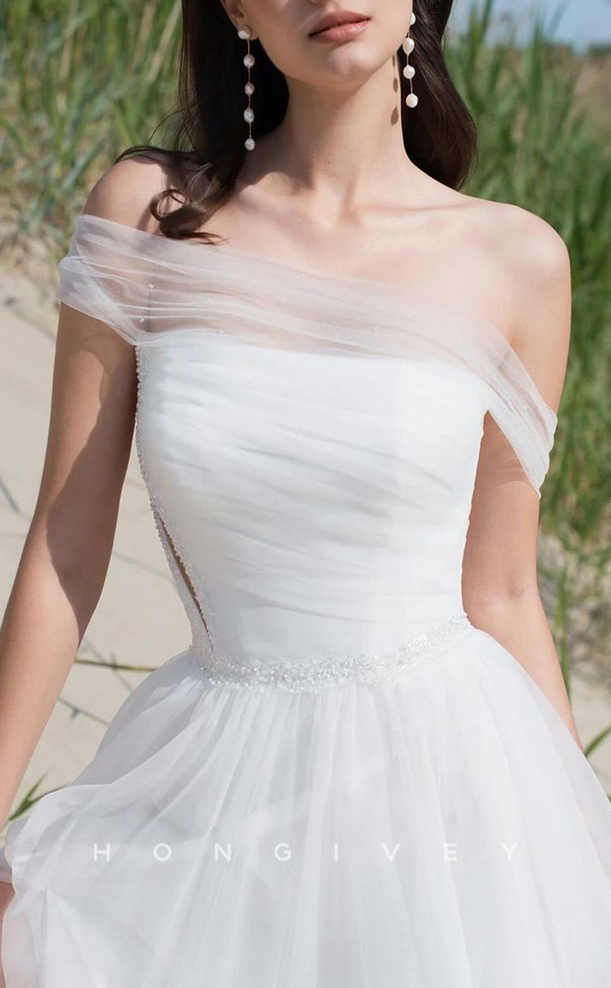 H1523 - Chic Tulle A-Line Off-Shoulder Empire Beaded Ruched With Side Slit Train Wedding Dress