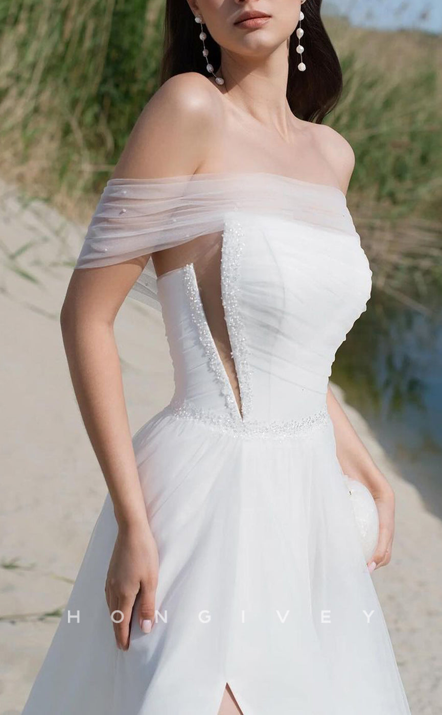 H1523 - Chic Tulle A-Line Off-Shoulder Empire Beaded Ruched With Side Slit Train Wedding Dress