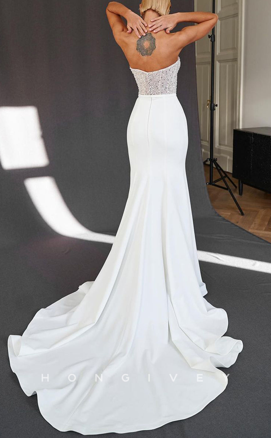 H1525 - Sexy Satin Trumpet Sweetheart Strapless Empire Beaded Sequined With Train Beach Wedding Dress