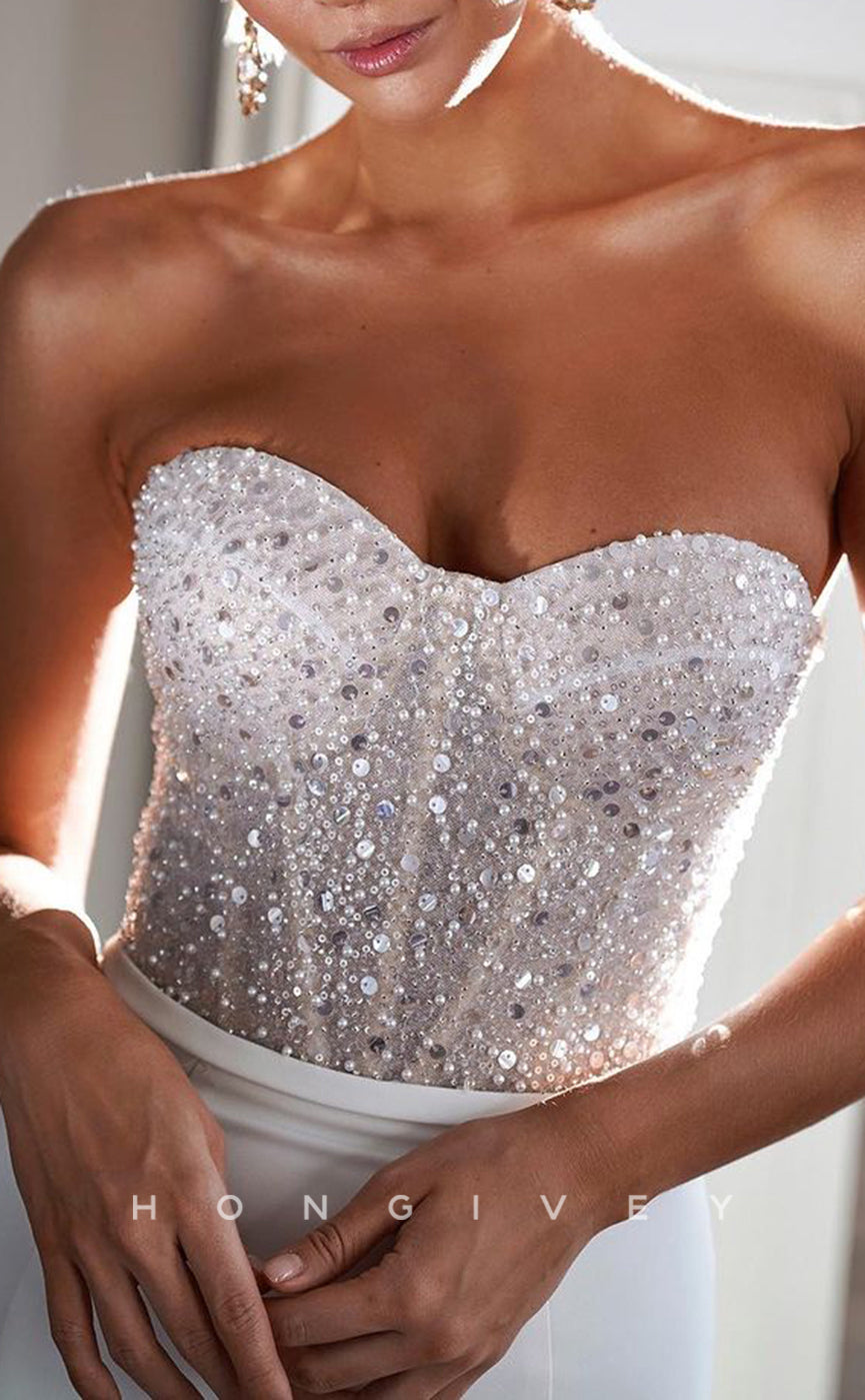 H1525 - Sexy Satin Trumpet Sweetheart Strapless Empire Beaded Sequined With Train Beach Wedding Dress