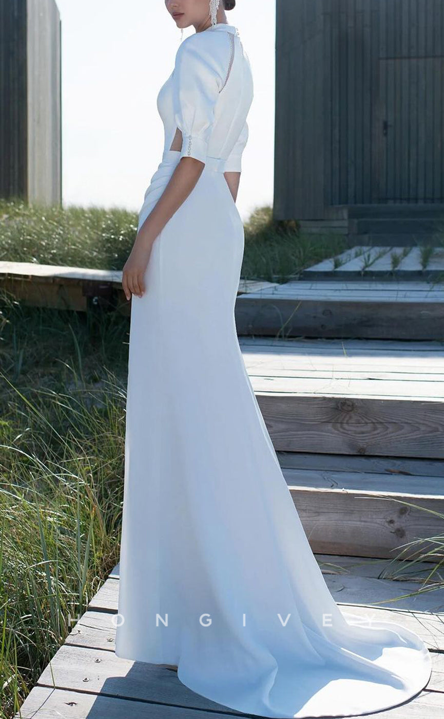 H1527 - Sexy Satin A-Line High Neck Illusion Empire Half Sleeves Ruched Beaded With Side Slit Wedding Dress