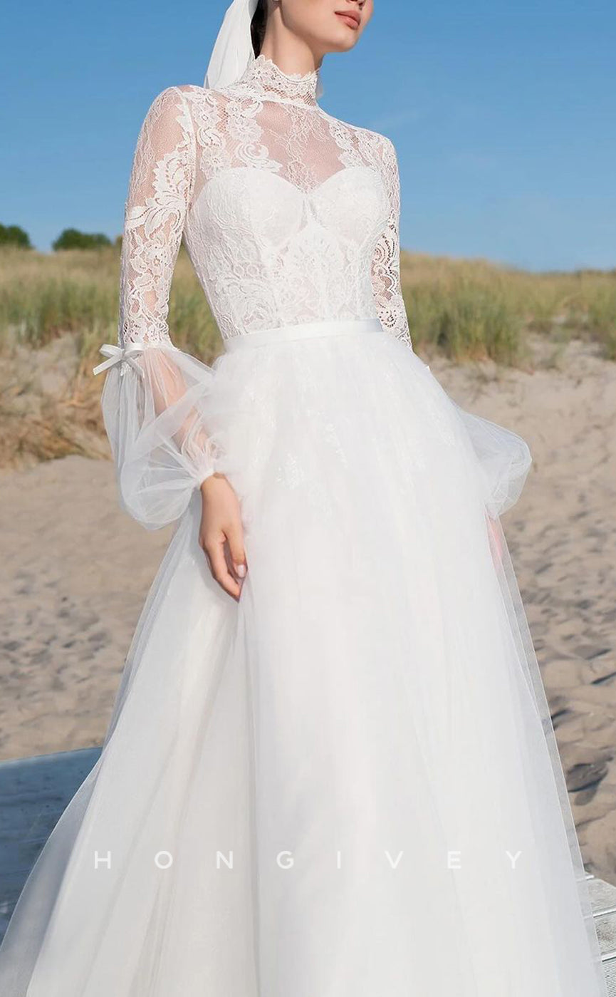 H1531 - Sexy Two Tone A-Line High Neck Lace Appliques Empire Long Sleeve Tulle Train Wedding Dress