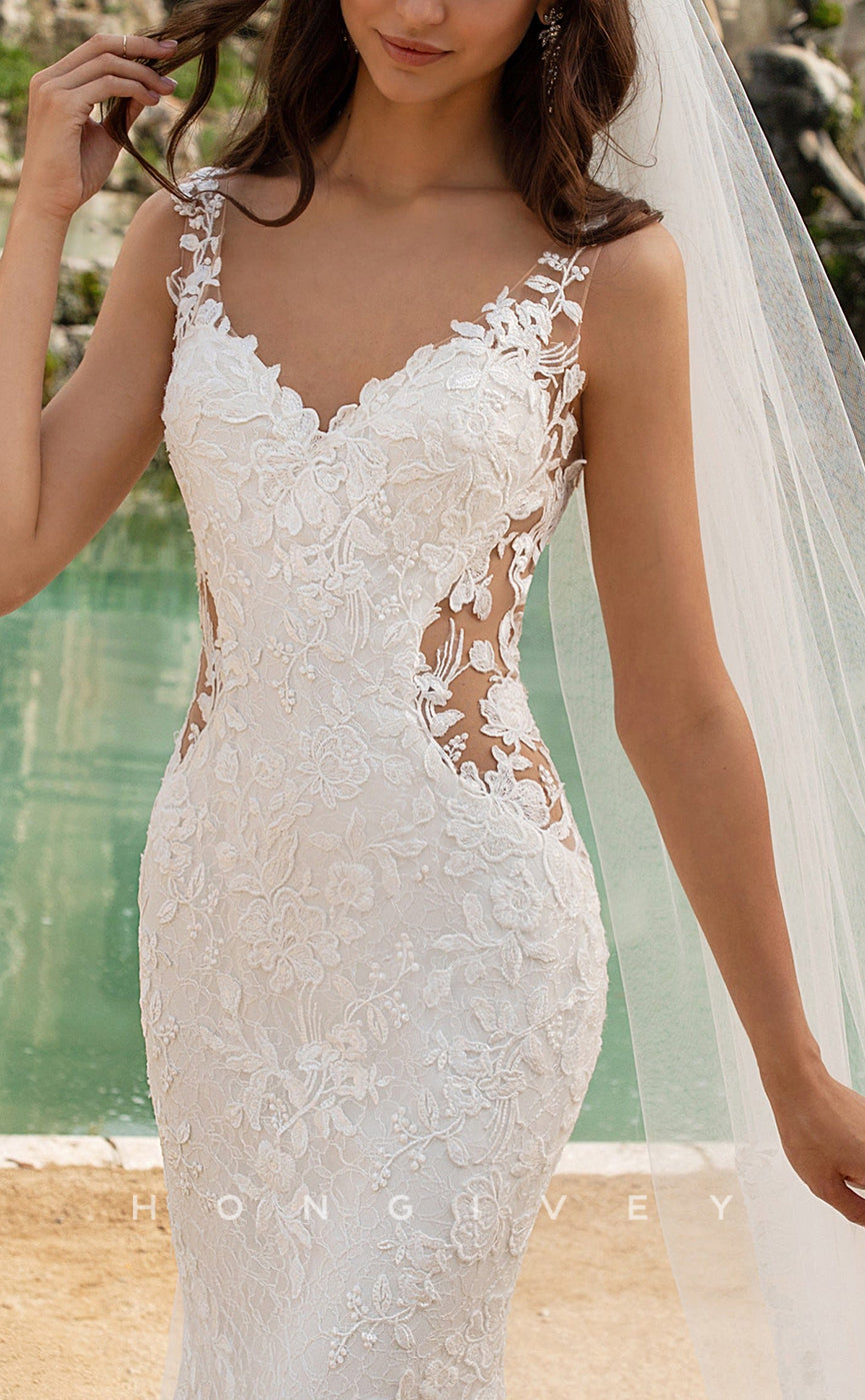 H1532 - Sexy Lace Trumpet V-Neck Spaghetti Straps Illusion Empire Appliques With Train Wedding Dress