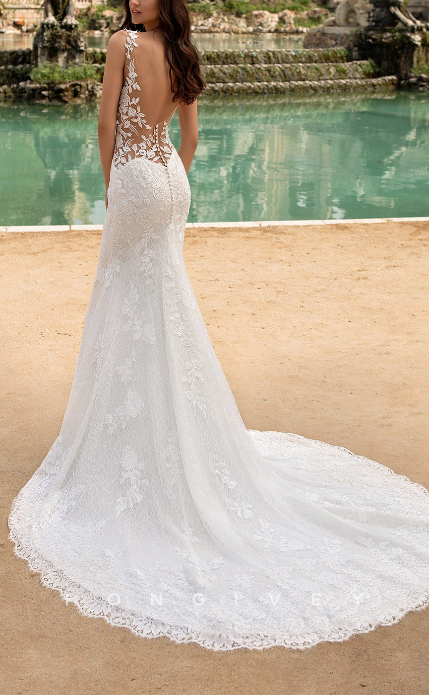 H1532 - Sexy Lace Trumpet V-Neck Spaghetti Straps Illusion Empire Appliques With Train Wedding Dress