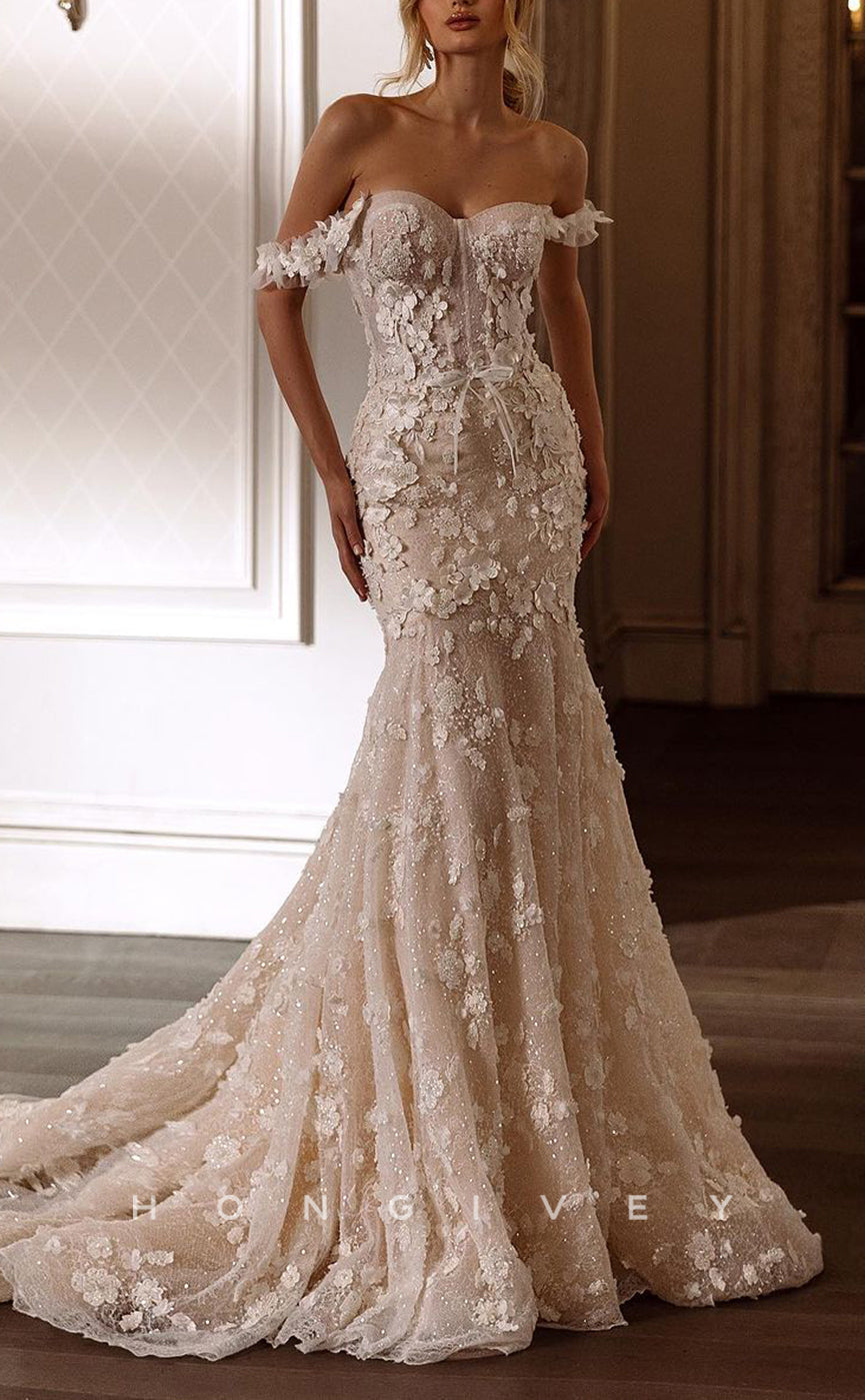 H1534 - Sexy Glitter Lace Trumpet Sweetheart Off-Shoulder Empire Appliques With Train Wedding Dress