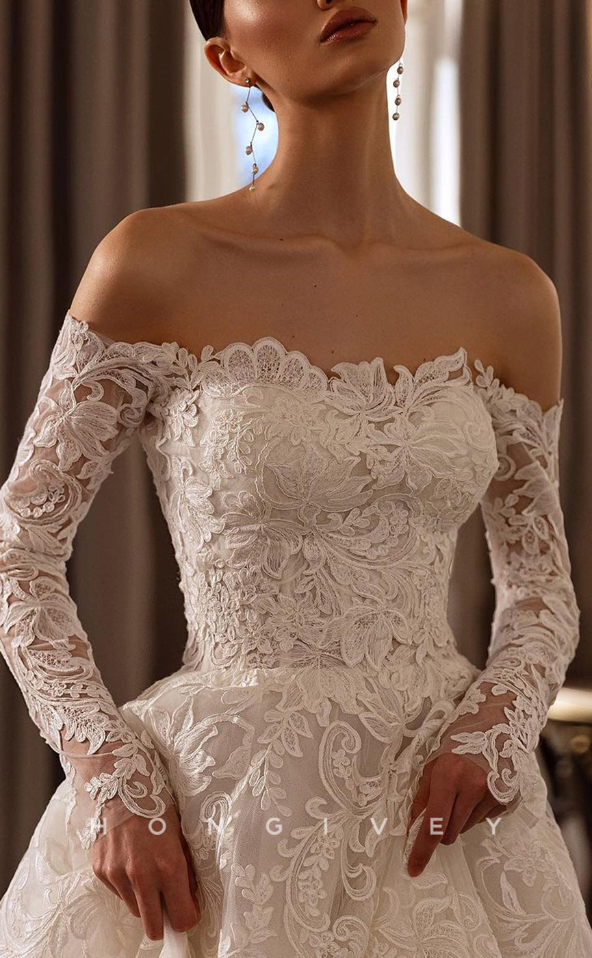 H1535 - Sexy Satin A-Line Detachable Off-Shoulder Empire Lace Appliques With Train Wedding Dress