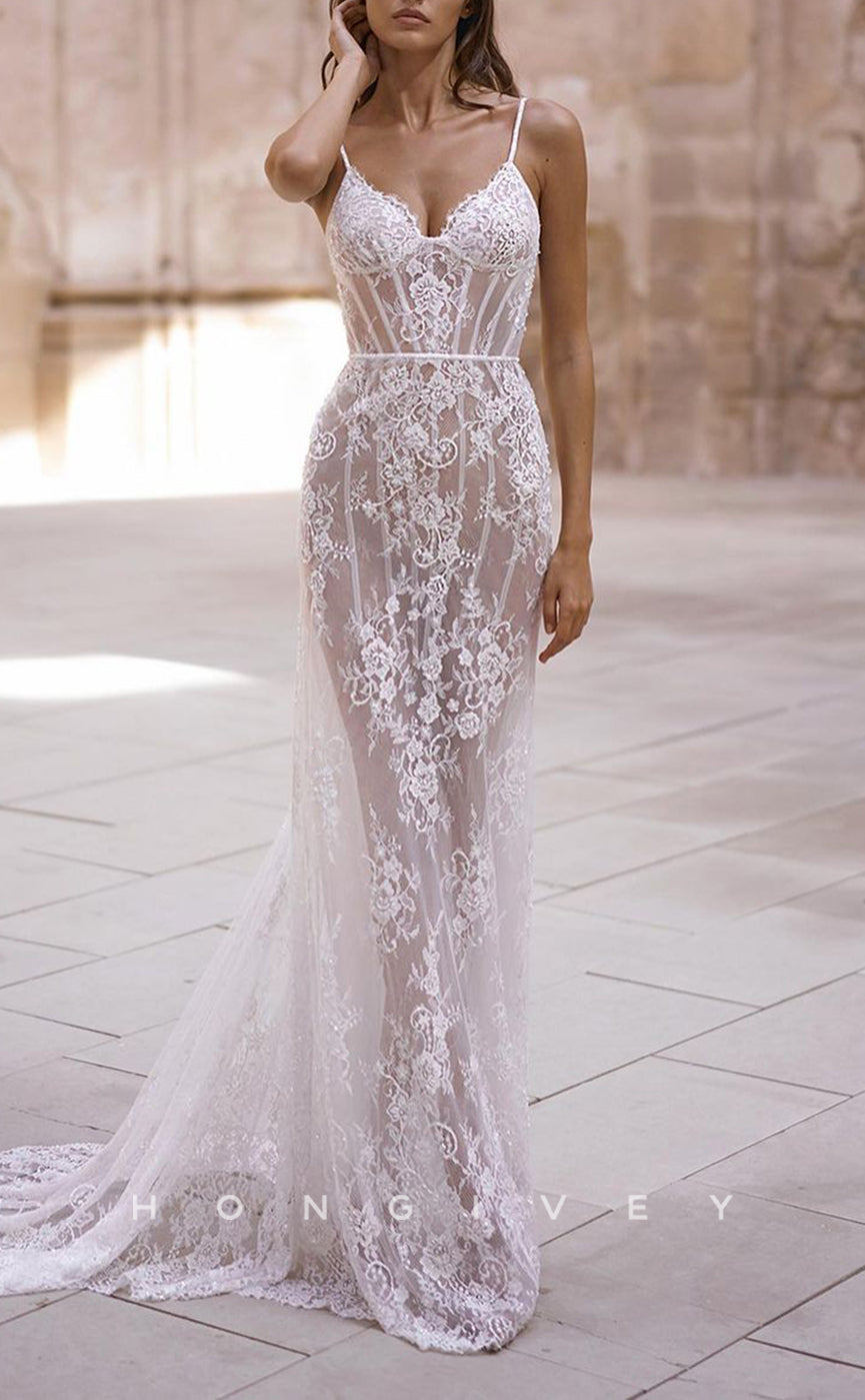 H1537 - Sexy Lace Trumpet Sweetheart Spaghetti Straps Illusion Empire Appliques With Train Wedding Dress