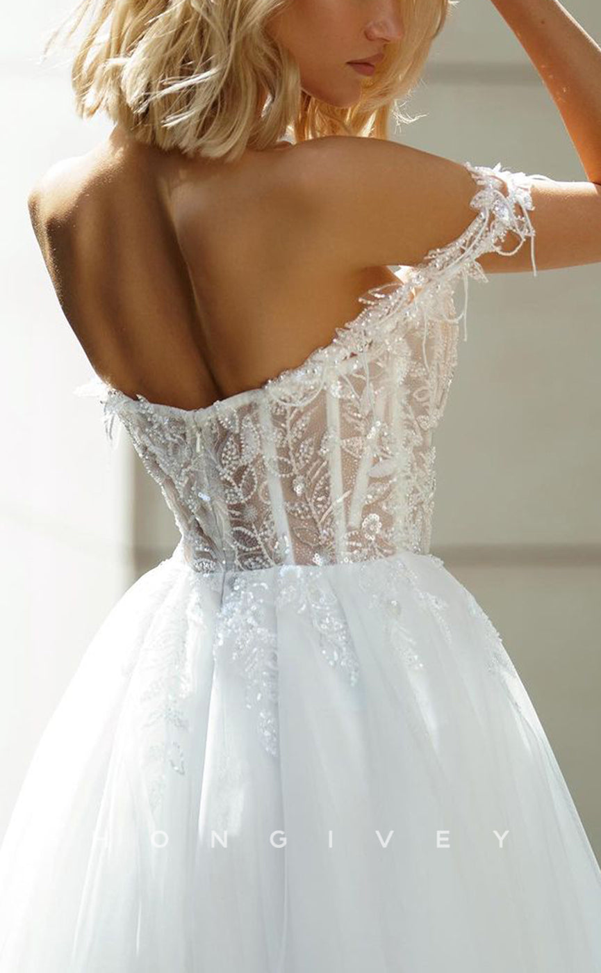 H1539 - Sexy Tulle A-Line Bateau Off-Shoulder Illusion Empire Appliques With Side Slit Train Wedding Dress