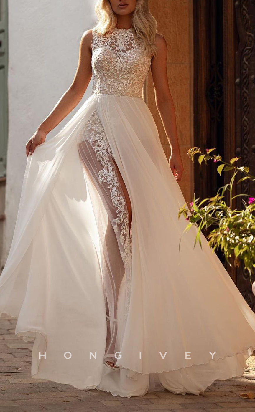 H1543 - Sexy Tulle A-Line High Neck Sleeveless Empire Appliques With Side Slit Beach Wedding Dress