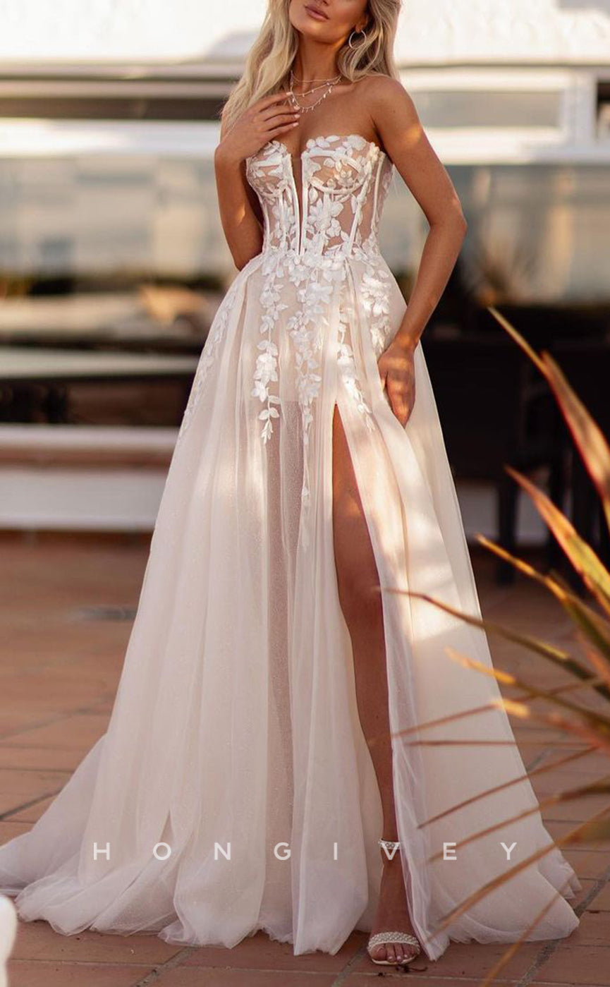 H1545 - Sexy Tulle A-Line Sweetheart Strapless Empire Appliques With Side Slit Train Wedding Dress