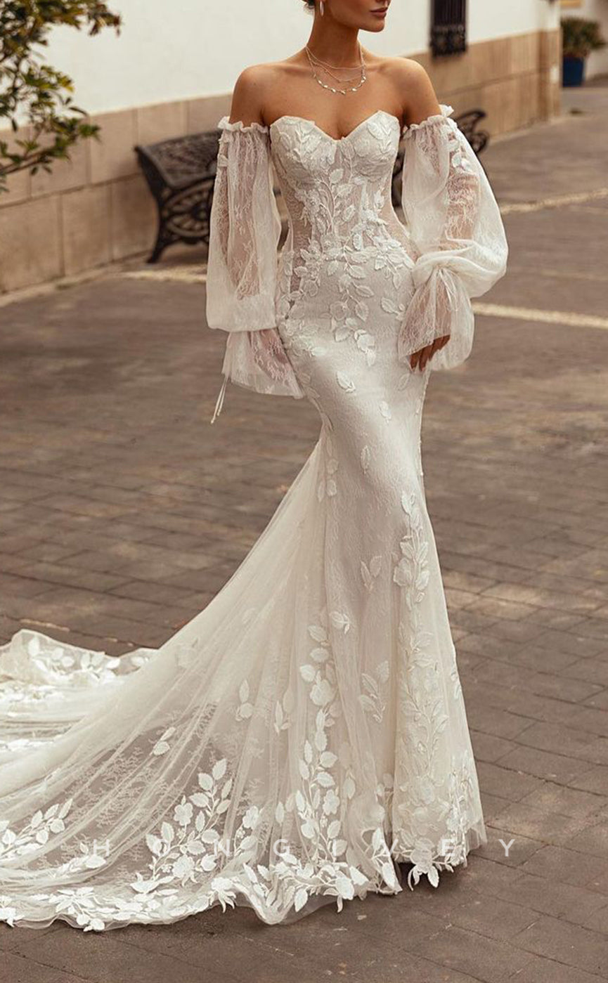 H1546 - Sexy Lace Trumpet Sweetheart Strapless Long Sleeve Empire Appliques With Train Wedding Dress