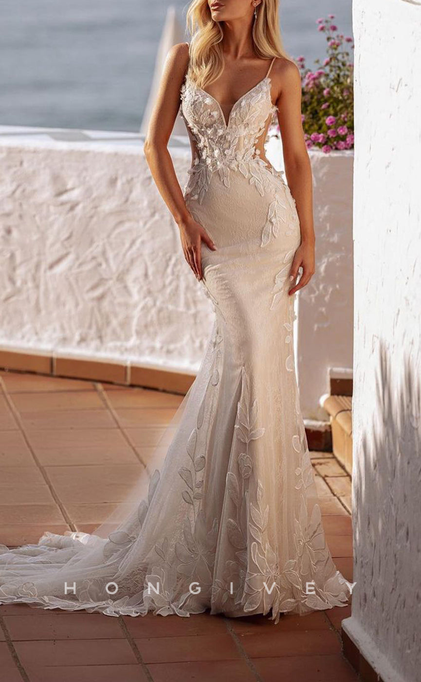 H1547 - Sexy Lace Trumpet V-Neck Spaghetti Straps Empire Appliques With Train Wedding Dress